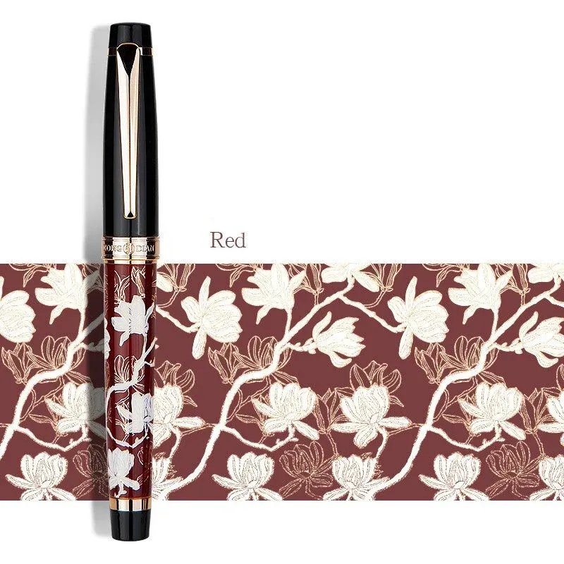 HONGDIAN 1837 Maki-e Fountain Pen | 18K Gold-Plated | Classical Chinese Flora & Fauna Red Flower