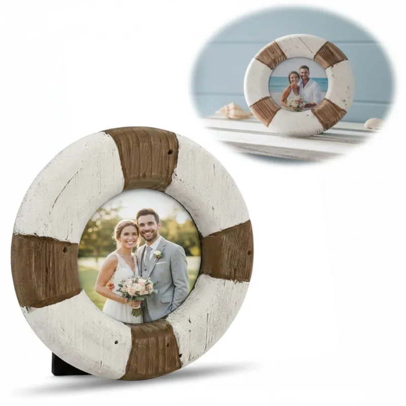 KI-generiertes Bild Vintage Holz Bilderrahmen 15cm Rund Maritim Steuerrad Aufsteller Fotorahmen