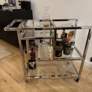 Servierwagen Silber Metall, Serviertisch Silber-Glas, Trolley Silber