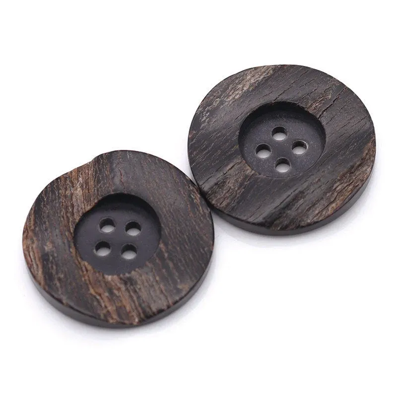 15-30mm Wide Edge Round 4 Hole Black Horn Buttons with Leather for Coats and Trench Coats