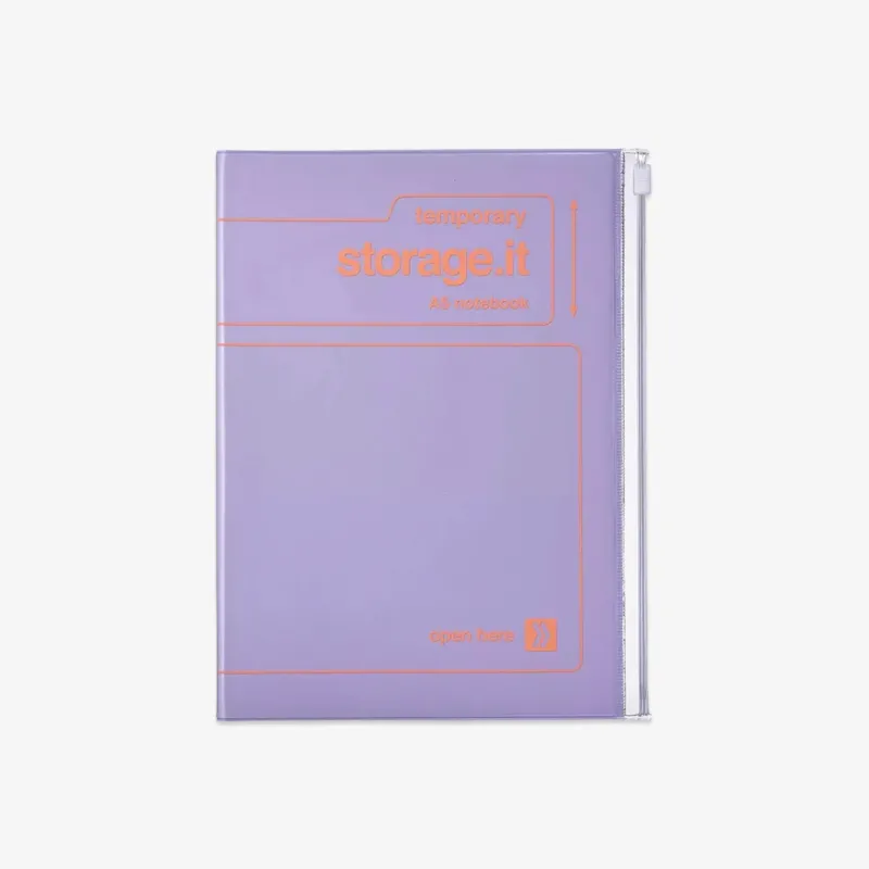 Purple notebook with 'temporary storage.it' text on a white background