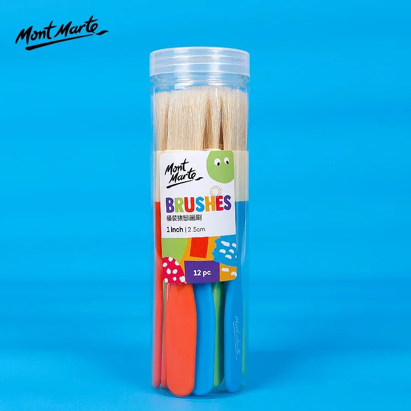 Mont Marte Kids Hog Bristle Paint Brush Set | 12-Piece 1-Inch Wide Brushes for Children