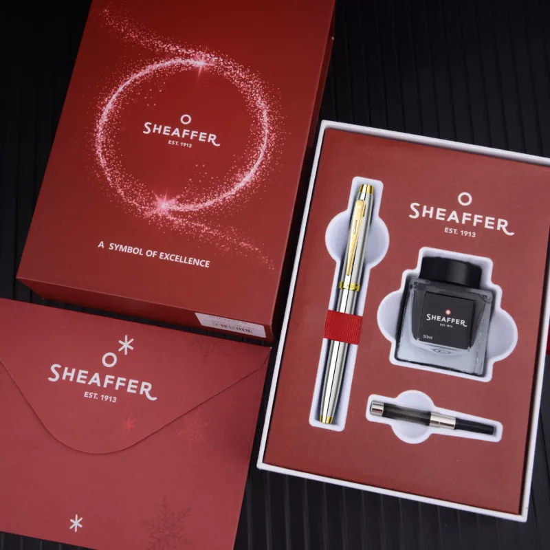 Sheaffer 100 Fountain Pen Gift Set – Fine Nib (~0.5mm), Gold Clip, Converter & Ink | Polished Chrome / Black Lacquer / Dark Blue-Grey Polished Chrome