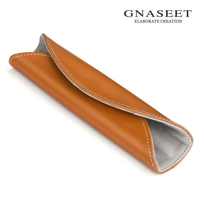 GNASEET Genuine Leather Pen Case – Japanese Minimalist Fountain Pen Pouch | 164x40x28mm | Blue / Black / Orange Orange