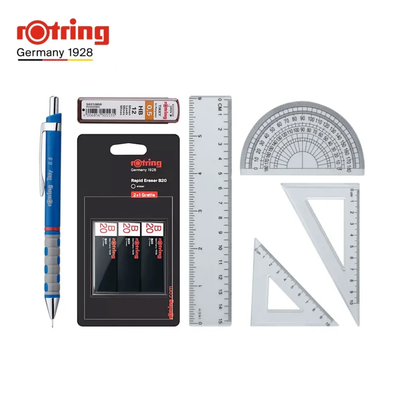 rOtring Tikky Mechanical Pencil Complete Set – 0.5mm Pencil + B20 Erasers + 0.5mm Lead Refills + 4-Piece Ruler Set Blue