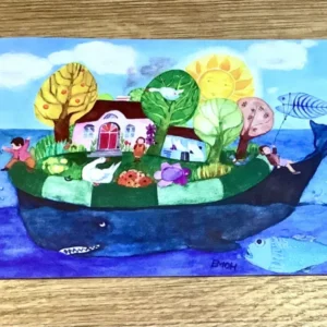Postkarte mit Kinder-Illustration Trauminsel auf Blauwal mit buntem Garten und Häuschen