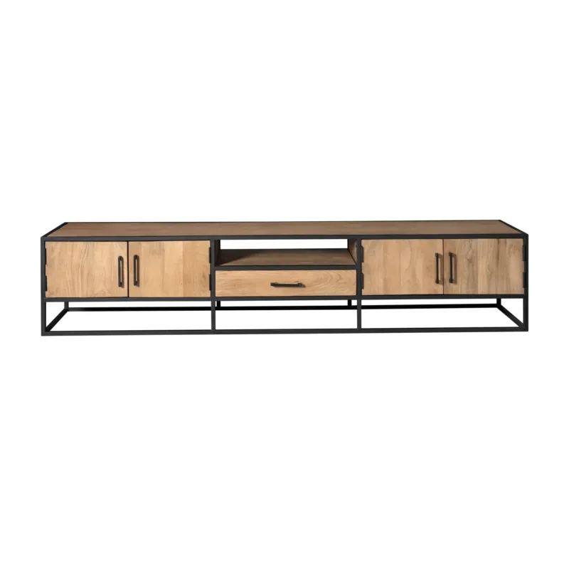 TV-Möbel – Mangoholz Material, Schwarzes Metallgestell, Streifenholz Design – Dakota | Starfurn