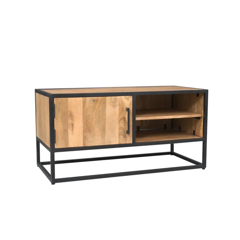 TV-Möbel – Mangoholz Material, Schwarzes Metallgestell, Streifenholz Design – Dakota | Starfurn