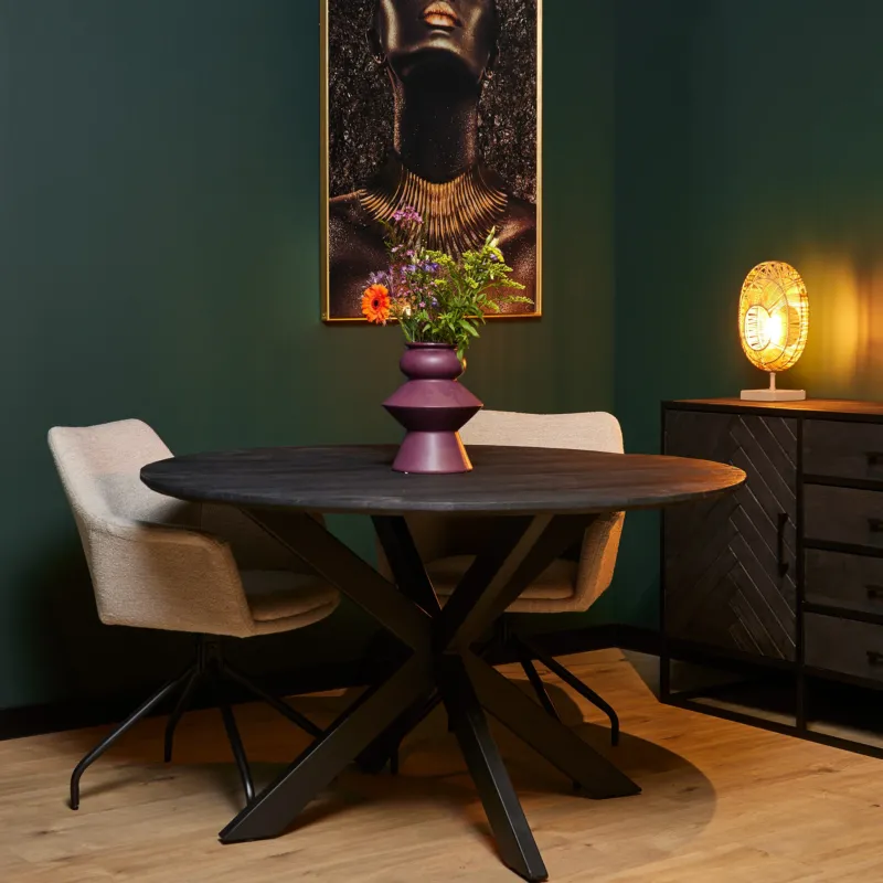 Esszimmertisch - Mangoholz Schwarz, Matrixgestell, Runde Form, 130 cm – New York | Starfurn