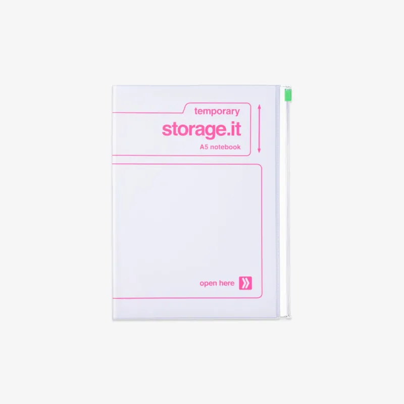 White notebook with pink text and design on a white background