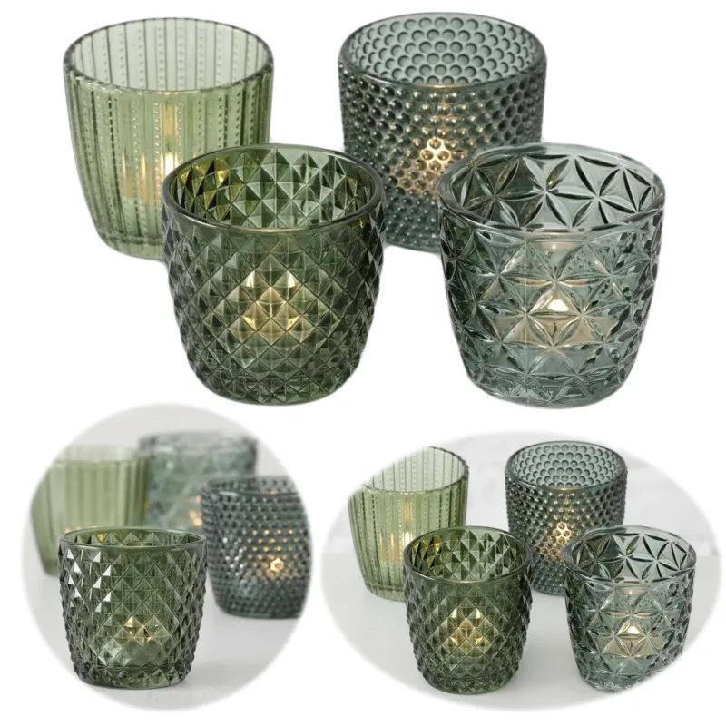 KI-generiertes Bild 4´er Set Glas Teelichthalter Retro Grün 7cm Teelichtglas Windlicht-Halter