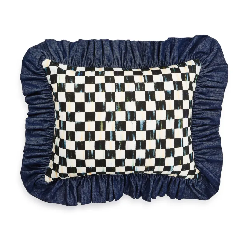 Courtly Check With Denim Ruffle Lumbar Throw Pillow by MacKenzie - Childs - |VESIMI Design| Luxury Bathrooms and Home Decor