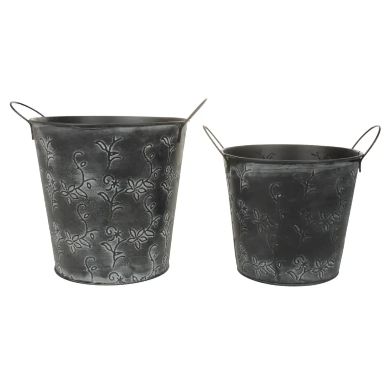 2er Set Dekoeimer Schwarz Vintage Blumenmuster Metall Pflanztopf Dekoaufbewahrung