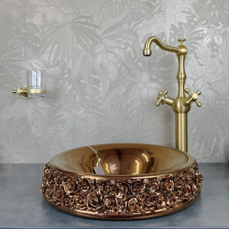 Italian Handmade Porcelain Bouquet Sink with Champagne Gold Faucet - |VESIMI Design| Luxury Bathrooms and Home Decor