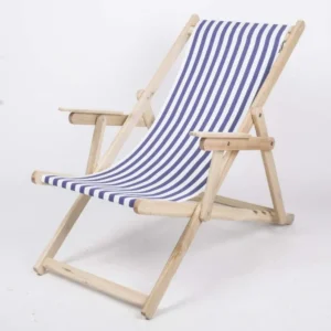 Sonnenliege mit Nackenkissen aus Massivholz und 100 % Baumwolle, Strandstuhl gestreift blau-weiß