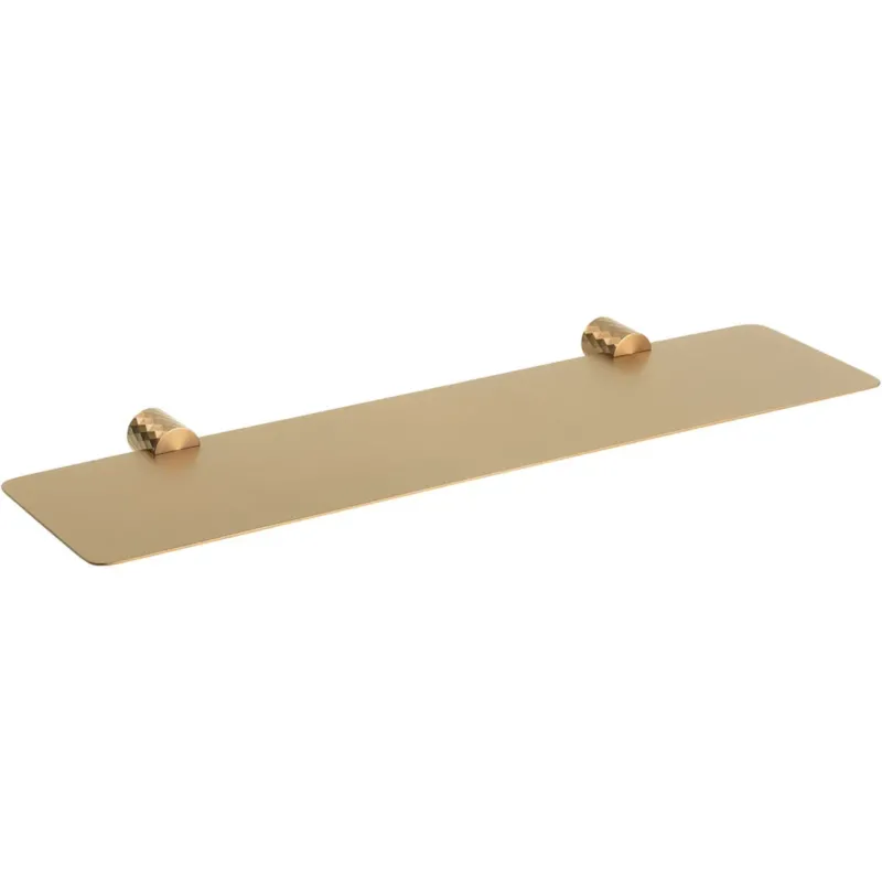 A minimalist rectangular wall-mounted shelf in a brushed brass or matt gold finish