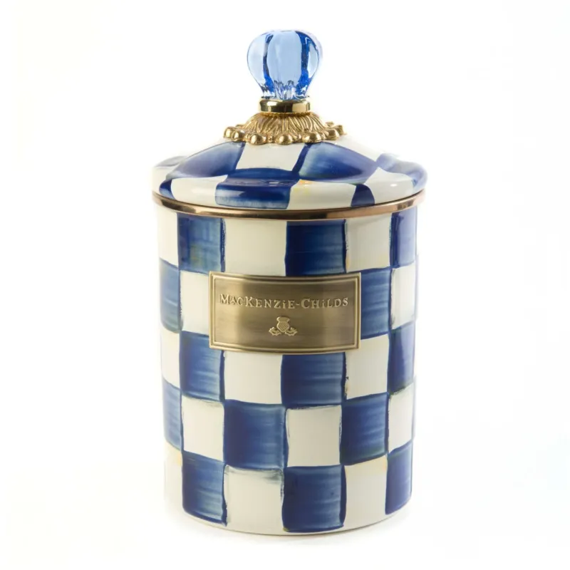 Royal Check Blue Handpainted MacKenzie-Childs Enamel Canister - Medium - |VESIMI Design| Luxury and Rustic bathrooms online