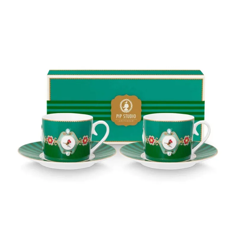 Set/2 Cups & Saucers Love Birds Medallion Emerald-Green - Pip Studio