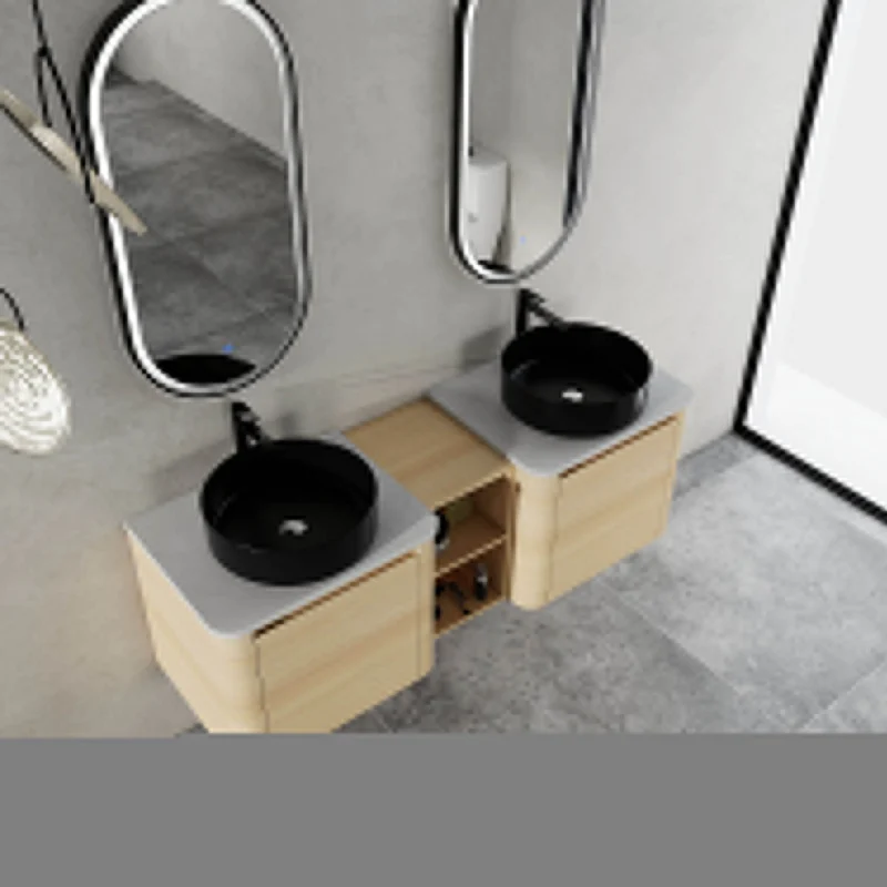 top view of 60 inch White Oak Bathroom Vanity with Double Black Ceramic Sink and Open Shelves