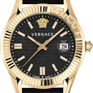 Versace Greca Time Herren Lederuhr Schwarz Gold