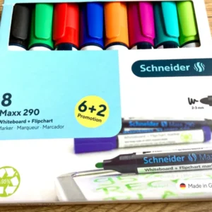 Packung mit 8 farbigen Whiteboardmarkern, die auch als flipchartmarker auf Papier verwendet werden können
